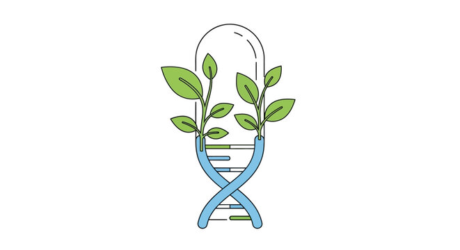 Conceptual icon representing plant science and agricultural biotechnology with a DNA helix sprouting green leaves in a minimalist line art style