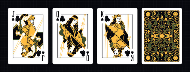 Vector illustration of a Clubs suit card set: Jack, Queen, King, Ace, card back with ornate. Elegant and classic playing cards with decorative pattern for poker, casino, and entertainment projects. © Ihor
