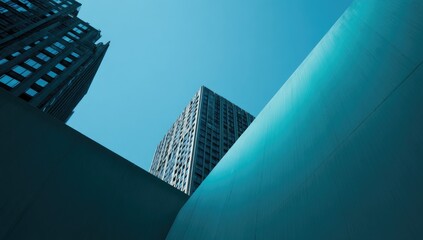 Low-angle urban shot highlighting architectural elements against a clear, cyan-toned sky