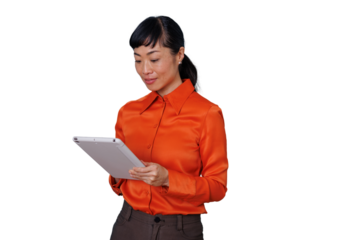 Asian businesswoman using digital tablet, browsing technology online, working remote and connecting with internet