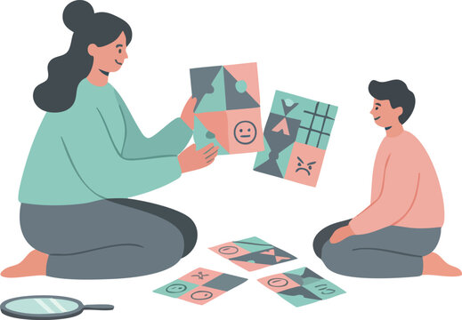 A therapist and child sit on the floor using illustrated emotion cards during a counseling session