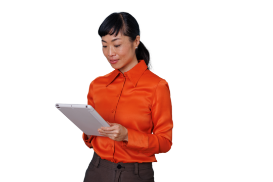 Asian businesswoman using digital tablet, browsing technology online, working remote and connecting with internet