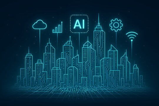 Dynamic AI cityscape symbolizes future technology, innovation, and smart city development