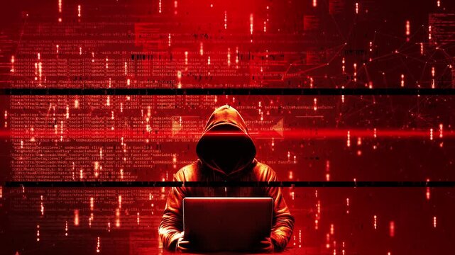 Hacker with computer setting technology security breach hacking cyber internet virus web criminal identity crime screen attack monitor data hackers encrypting data, information theft, computer hacking