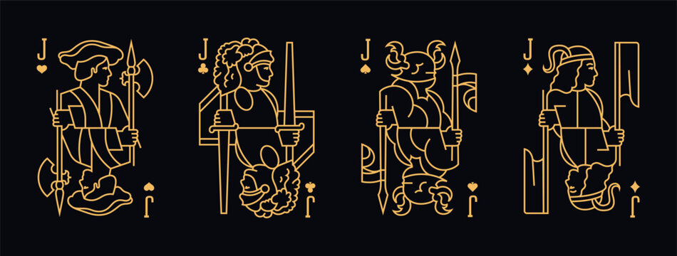 Vector illustration of a set of four Jack playing cards: Clubs, Diamonds, Hearts, Spades. Elegant and classic design for poker, casino, and entertainment projects.