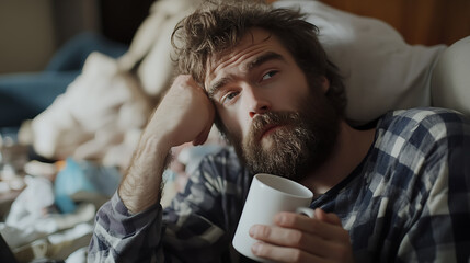 Capturing the essence of a languid morning, this man with his tousled hair & beard finds solace in a warm cup. The disheveled room mirrors the tranquil pace of day.