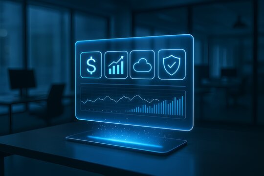 Dynamic digital dashboard displays financial growth, cloud, and security icons in modern office