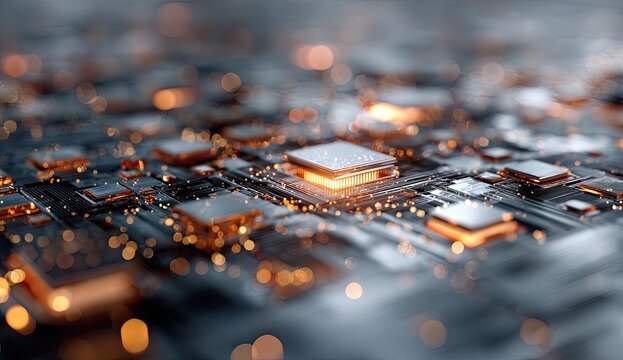 Close-up of a complex microchip with illuminated components, circuit board in blurred background