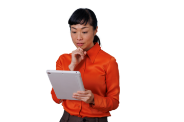 Asian businesswoman holding a digital tablet, deep in thought, focusing on business analysis and decision making. Transparent background
