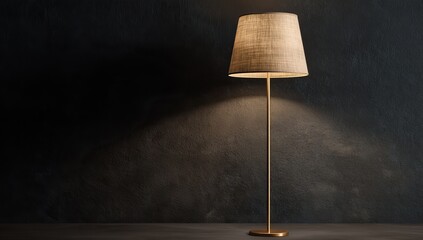 A floor lamp casts a warm glow on a dark wall