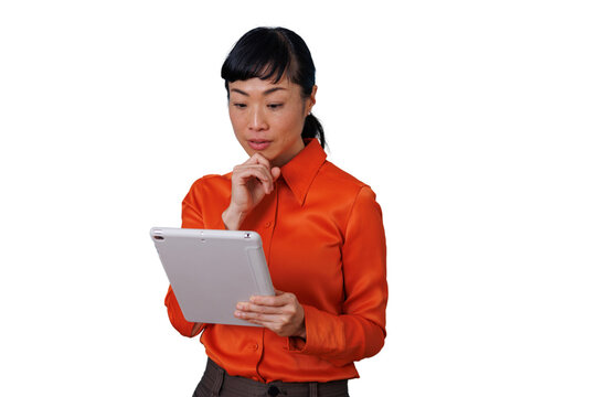 Asian businesswoman holding a digital tablet, deep in thought, focusing on business analysis and decision making. Transparent background