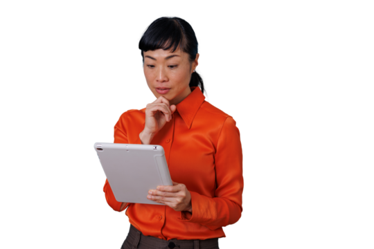 Asian businesswoman holding a digital tablet, deep in thought, focusing on business analysis and decision making. Transparent background - Powered by Adobe