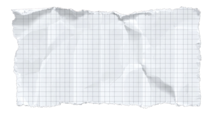A wrinkled sheet of grid paper with a torn edge, showing a light gray grid pattern for writing or drawing.