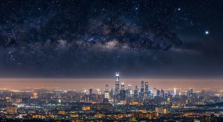 Obraz premium Stunning Milky Way Galaxy Over a Vibrant City Skyline at Night.