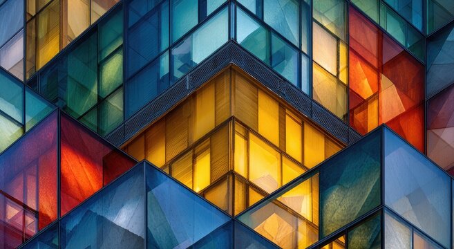 Abstract view of architectural glass panels in various colors creating a geometric pattern