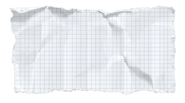 A wrinkled sheet of grid paper with a torn edge, showing a light gray grid pattern for writing or drawing.