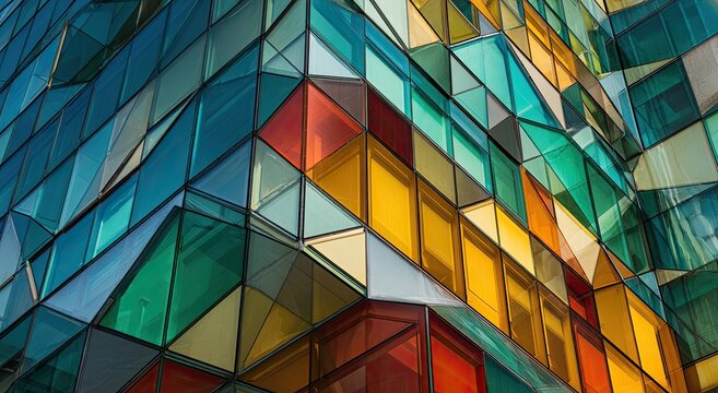 A close-up view of an architectural facade featuring geometrically arranged colored glass panels