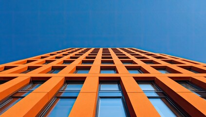 Low-angle view of a modern orange high-rise facade against a clear, azure sky
