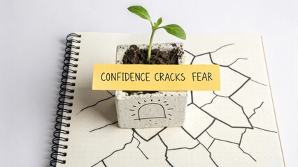 A sprouting plant within concrete cube with motivational note