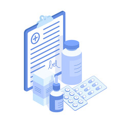 Isometric illustration of doctor prescription with set of medications. Pharmacy purchase concept.