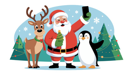 Santa's Christmas Selfie: Santa Claus, a reindeer, and a penguin take a selfie on a snow-covered scene surrounded by Christmas trees, spreading festive cheer and joy.