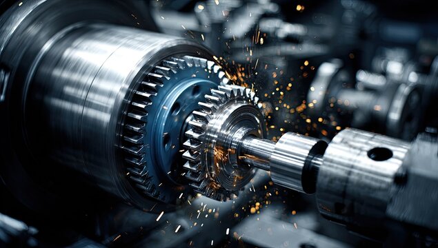 Close-up of industrial machine in process of cutting and shaping metal parts, with sparks