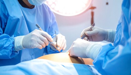 Surgeons performing an operation with bright lights, using tools, on a patient covered in blue cloth