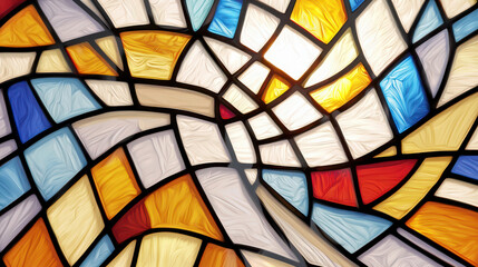 Stained glass artwork featuring vibrant colors and abstract patterns, creating sense of movement and light