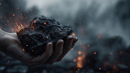 A hand holds a burning rock amidst smoke and fire