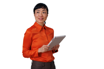 Professional asian businesswoman holding tablet looking away, thinking about strategy and future business possibilities