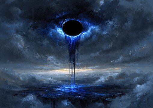 Dark celestial void drawing immense watery tendrils from a storm-laden sky