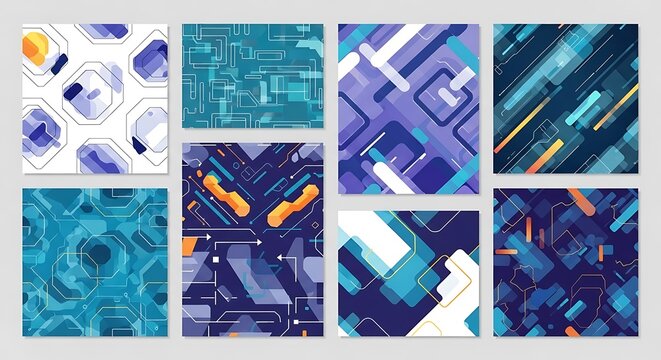 Abstract Geometric Patterns Collection in Blue and Purple Tones.