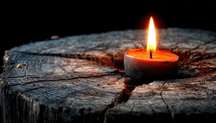 Single candle on a dark wooden stump