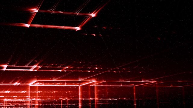Leuchtende gitterf&ouml;rmige Geometrie f&uuml;r Technologie, Energie, Produktion & Datentransfer &ndash; moderne Architektur, Planung & Sicherheit visualisiert, rot
