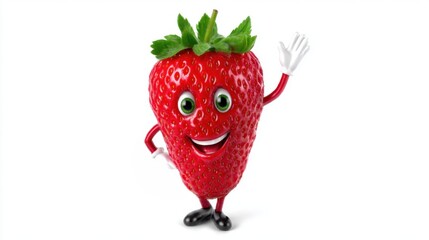 A cute red strawberry with arms, legs, and a wide smile. A bright and realistic mascot for stores, yogurt stands, or food packaging.