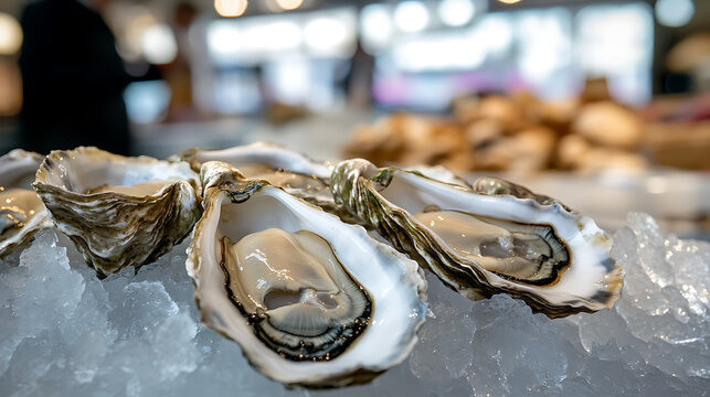 Fresh oysters on ice, ready to be served at a restaurant. The cold presentation enhances the seafood's appeal, showcasing its quality and freshness, promising a delightful culinary experience.