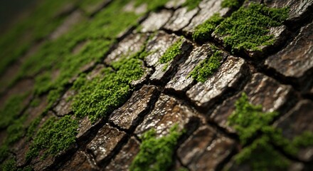 Closeup of mosscovered tree bark with deep fissures and a shallow depth of field