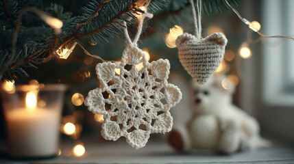 Scandinavian Crochet Snowflake Ornament on Spruce Branch with Cozy Christmas Decorations