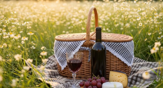 Picnic basket with wine and cheese in a field of flowers at sunset