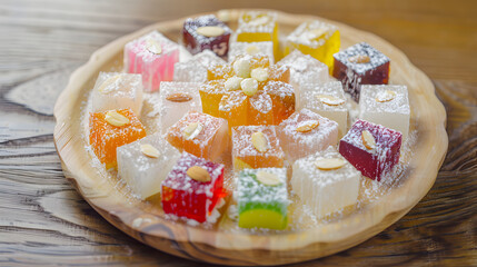 A vibrant combination consisting of Turkish delight, with colorful candies in the middle, surrounded by white chunks, dotted with almonds, placed on a wooden plate, illuminated by natural light with s