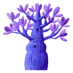 Hand-drawn silhouette of a whimsical purple tree with unique shapes and tiny doors