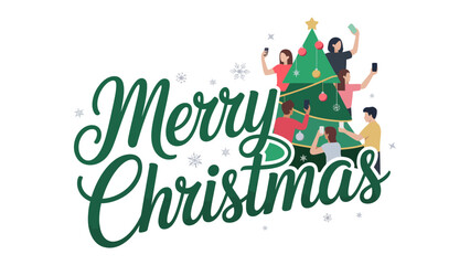 Joyful Christmas Gathering: Friends and family gather around a brightly decorated Christmas tree, capturing festive memories, and sharing joy on social media.  