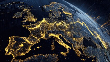 Glowing nighttime view of Earth, focusing on Europe, with detailed city lights