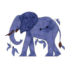 Silhouette of a blue elephant surrounded by stylized leaves in a whimsical artistic design evoking tranquility
