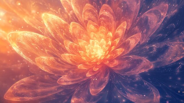 Stunning orange fractal flower with glowing particles for dreamy modern backgrounds