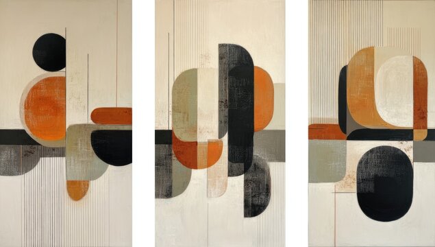Triptych abstract art with geometric shapes in warm tones of orange, black, and grey