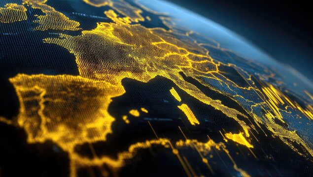 A digital depiction of the Earth, Europe highlighted with golden dots and lines