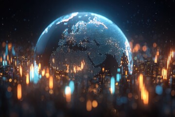A digital globe floating above an abstract, illuminated cityscape with vibrant lights and depth