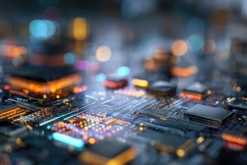 Close-up of a circuit board with vibrant, glowing components, futuristic and technological