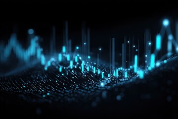 Blue abstract illustration of a digital wave with vertical lines and glowing dots